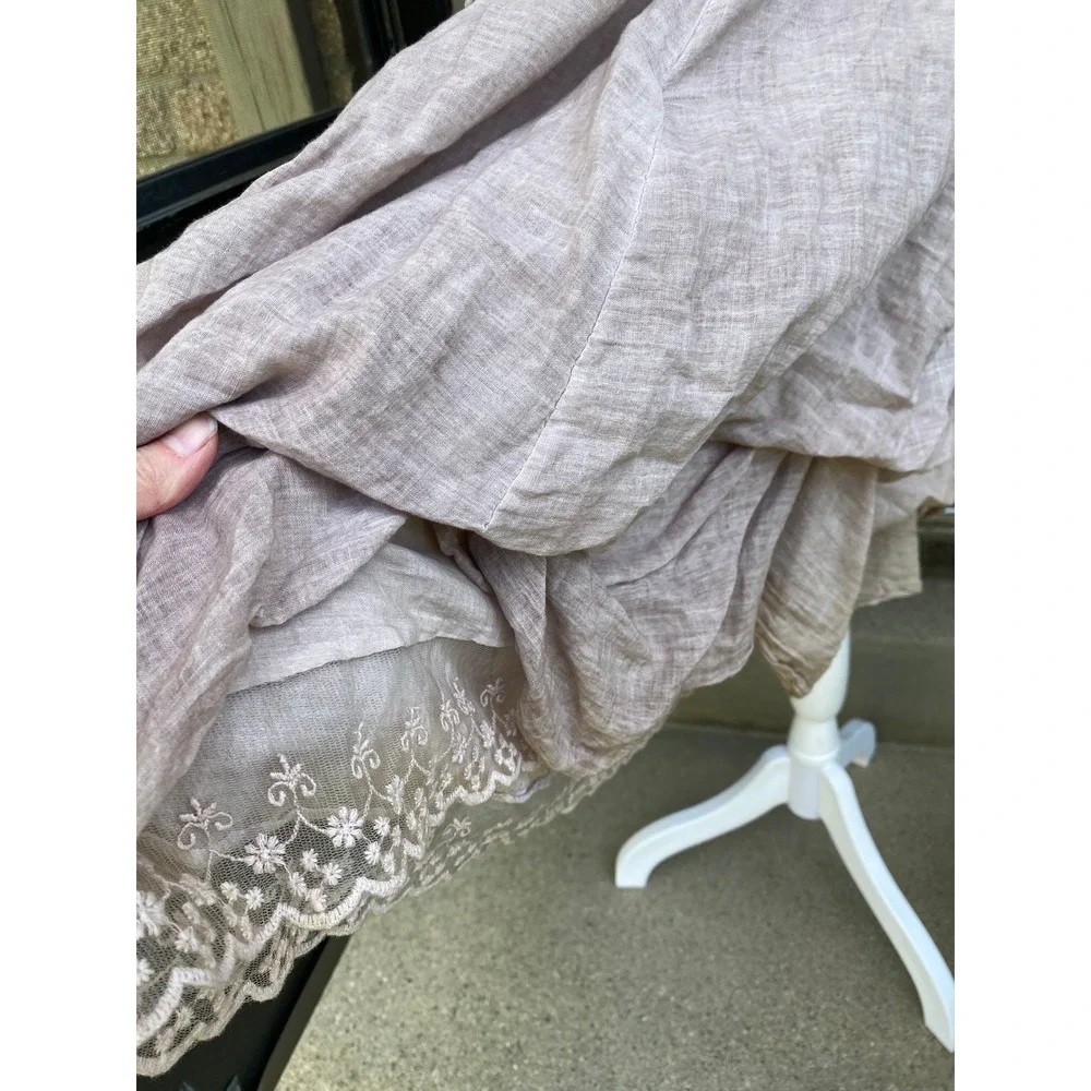 Crochet Star Lace Gauze Pink Midi Dress Large Italy Lagenlook Boho Cottage Fairy